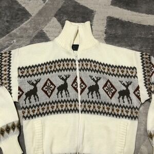 VTG Scandia Woods Sweater  Full Zip Men Large Brown Nordic Deer Cardigan Knit